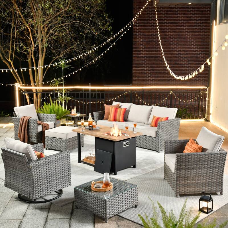 HOOOWOOO 10-piece Outdoor Grey Wicker Patio Furniture Set with Fire Pit Table