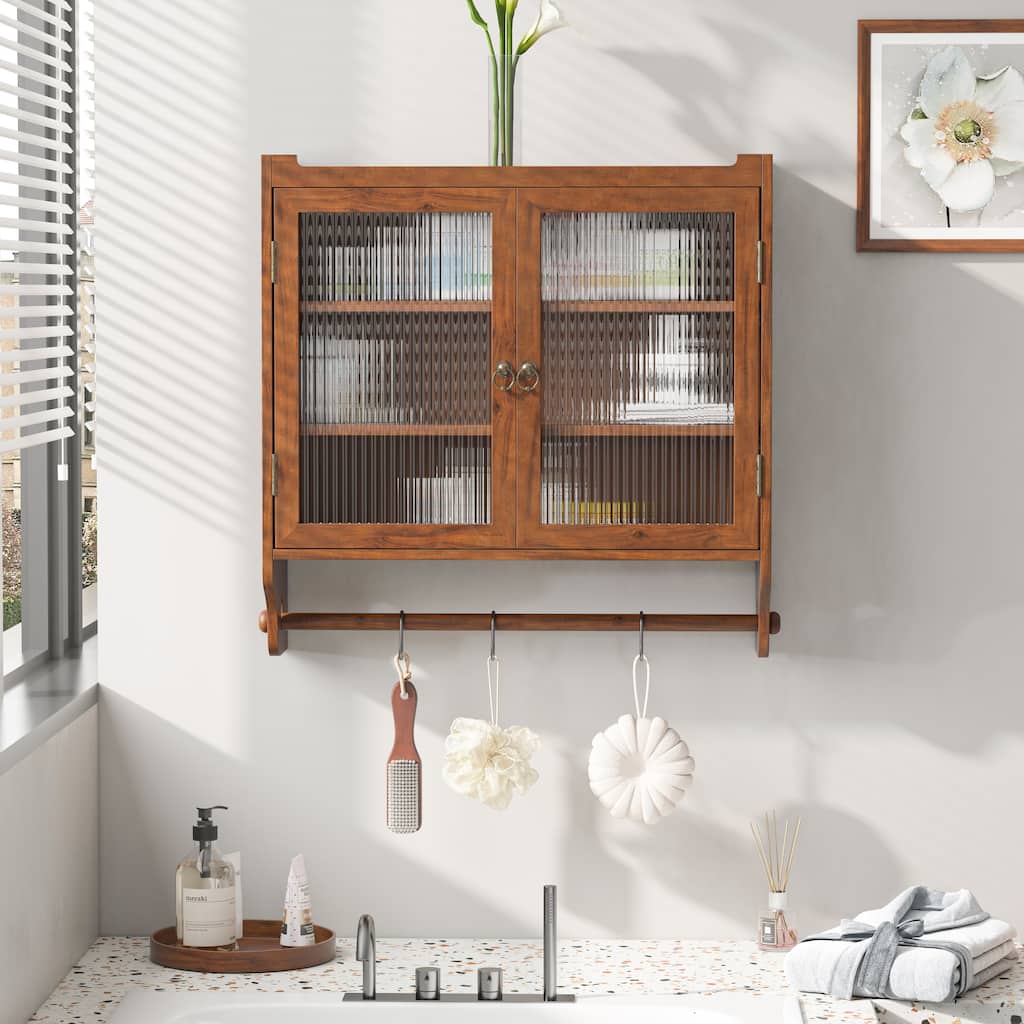 24.8"Glass Door Wall Cabinet with 3 Tiers of Storage with Towel Rack