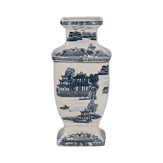 Sagebrook Home Ceramic Vase Contemporary Blue and White Chinoiserie Temple Design Floral Vase