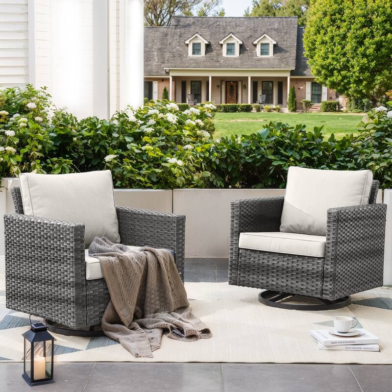 2 Pieces Outdoor Swivel Chairs with Thick Cushions - Grey - Beige