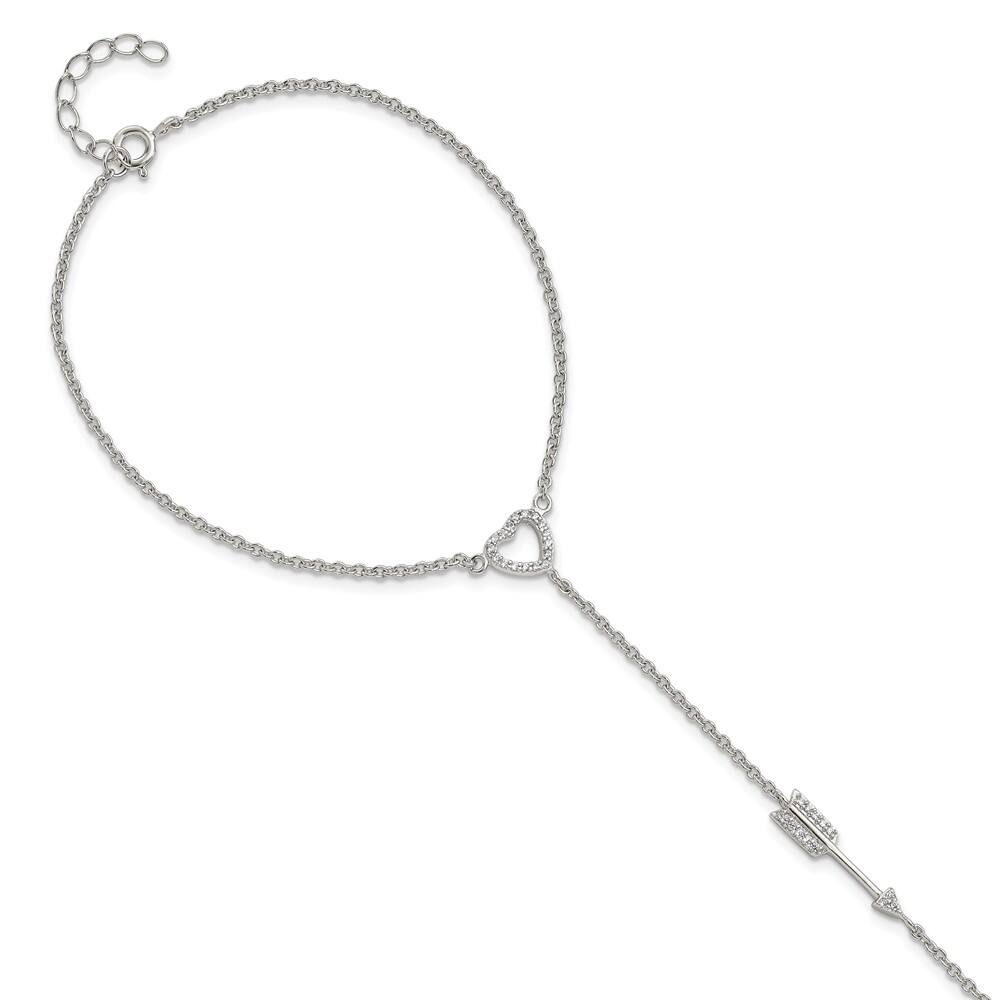 925 Sterling Silver Rhodium-plated Cubic Zirconia Heart/Arrow Attached Ring/Bracelet, 7"