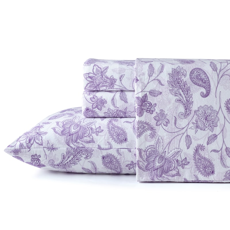 Pointehaven Printed Cotton 180 GSM Deep Pocket Oversized Brushed Flannel Sheet Set - Paisley Court - Queen