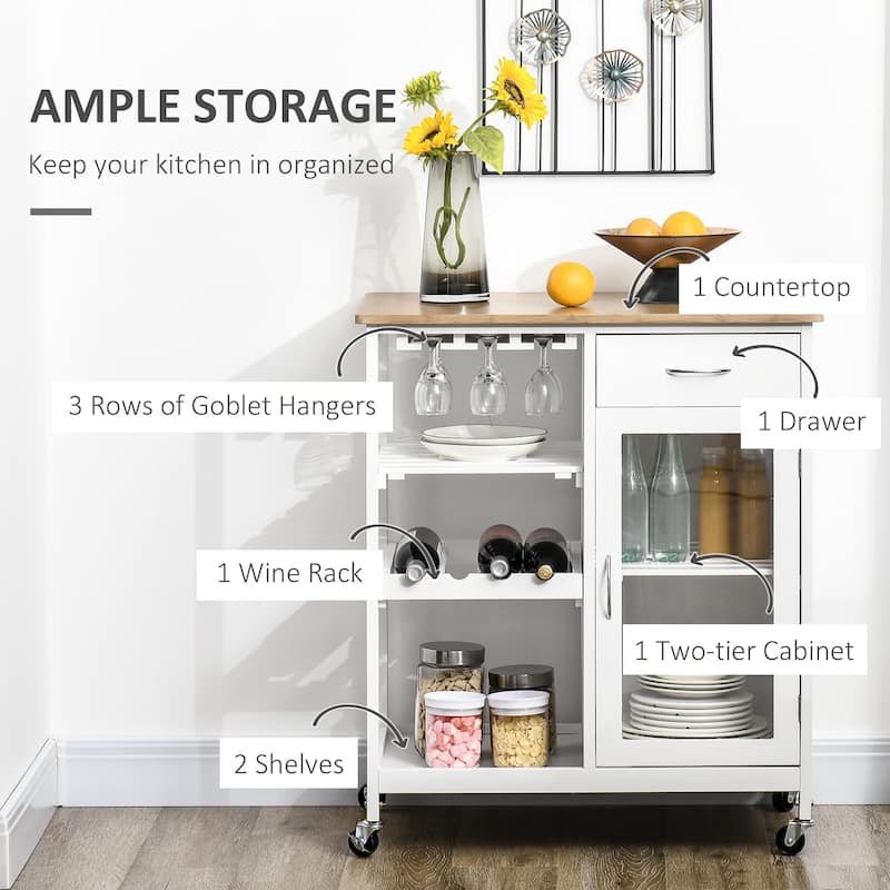 Rolling Kitchen Island with Storage, Kitchen Cart with 4-Bottle Wine Rack, Stemware Holder, Shelves, Drawer and Cabinet