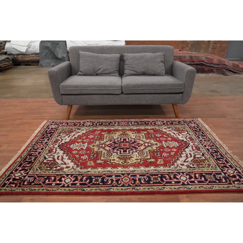Hand Knotted Oriental 100% Wool Carpet Traditional Medallion Oranges & Rust Heriz (serapi) Area Rug - 5' 11'' X 4' 0''