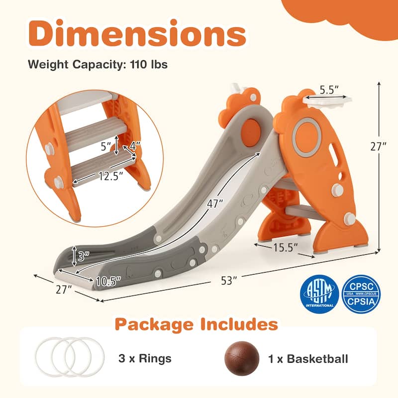 4 in 1 Indoor Slide for Kids Age 3+ Years with Basketball Hoop and Rings-Orange - Multi