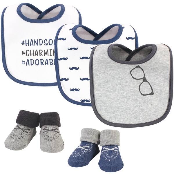 slide 1 of 1, Hudson Baby Infant Boy Cotton Bib and Sock Set 5pk, Handsome Charming Adorable, One Size - Handsome Charming Adorable - One Size One Size - Handsome Charming Adorable