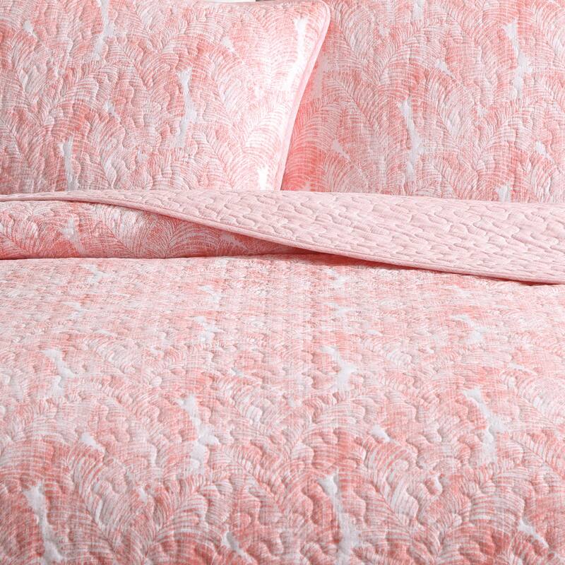 Tommy Bahama Distressed Water Leaves Cotton Reversible Orange Quilt Set