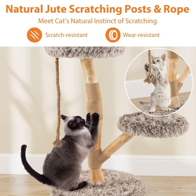 Natural Pear Wood Cat Tree with Plush Tower and Multi-Level Platform Jute Scratching Posts