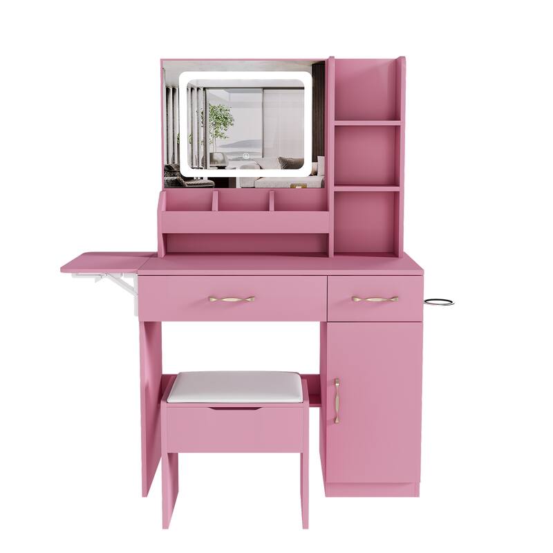 Vanity Desk with LED Mirror & Power Outlet, Makeup Dressing Table - Pink