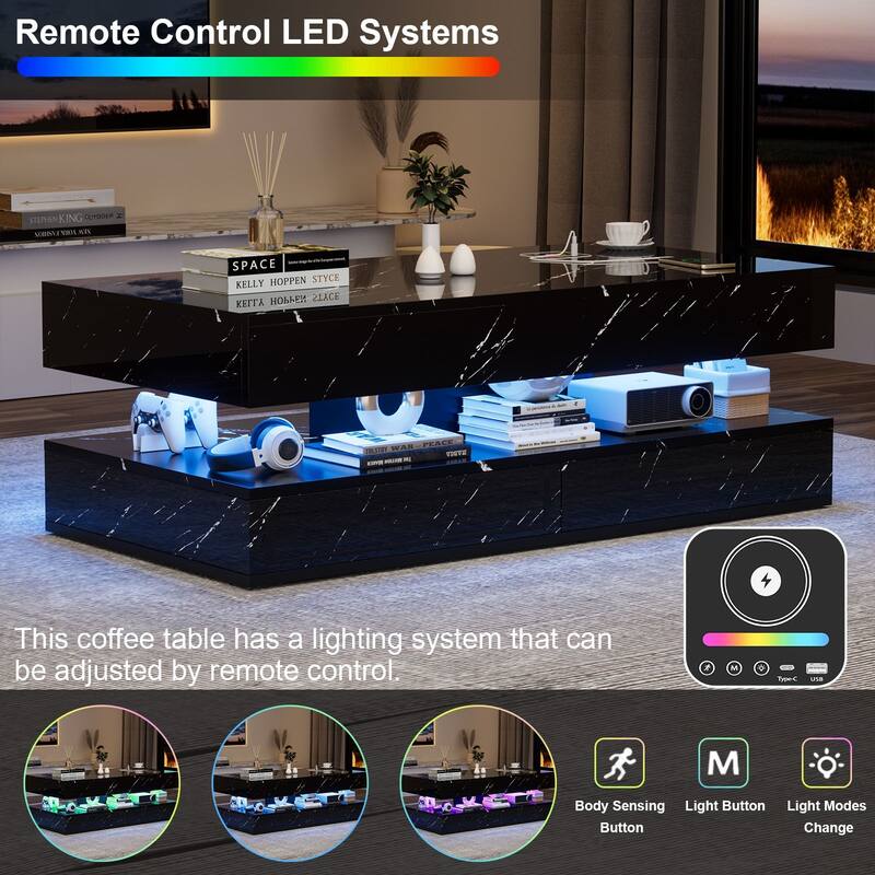 Smart LED Coffee Table 47.2" with Bluetooth Speaker & Wireless Charging, Modern White Marble Center Table