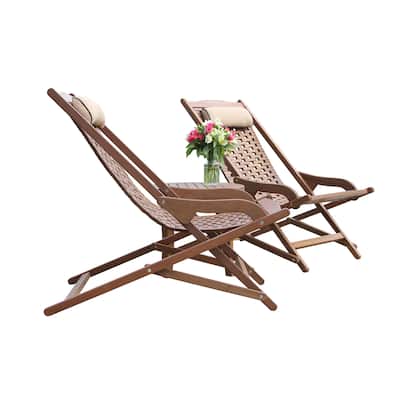 Eilaf 3-Piece Folding Eucalyptus Swing Lounger Set With Round Accent Table