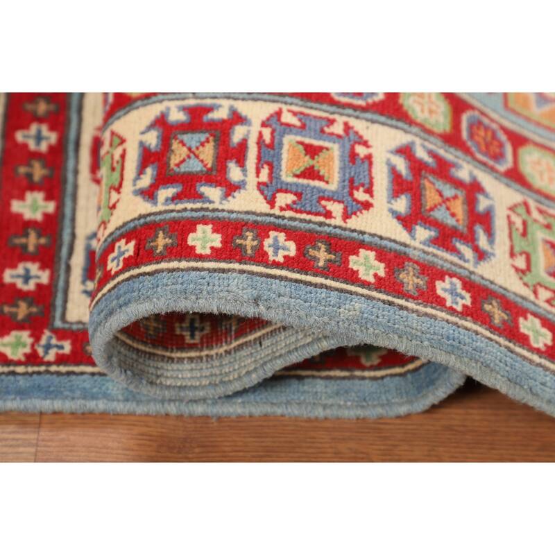 Light Blue Geometric Kazak Accent Rug Handmade Wool Carpet - 2'8" x 3'10"