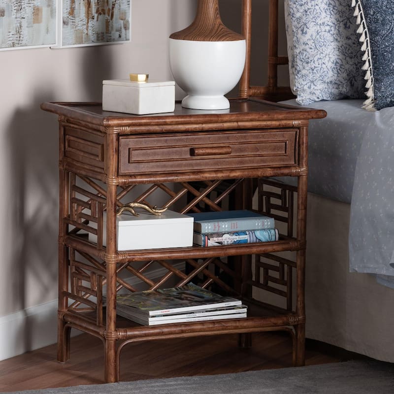 Daemyn Marbled Tortoise Natural Rattan Nightstand - Handcrafted Wicker Bedside Table with Drawer and Open Shelving