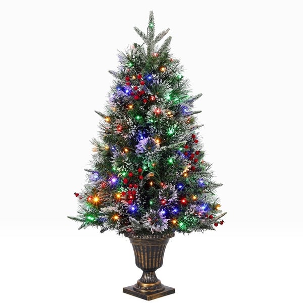 slide 2 of 7, 3ft Pre-Lit Artificial Mini Christmas Tree with Multicolor Led Lights & Potted Base, Battery Operated Snow Flocked Tree - 3 Foot Green - 3 Foot