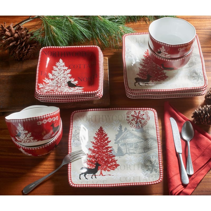 222 Fifth Northwood Cottage 12 Piece Dinnerware Set, Red