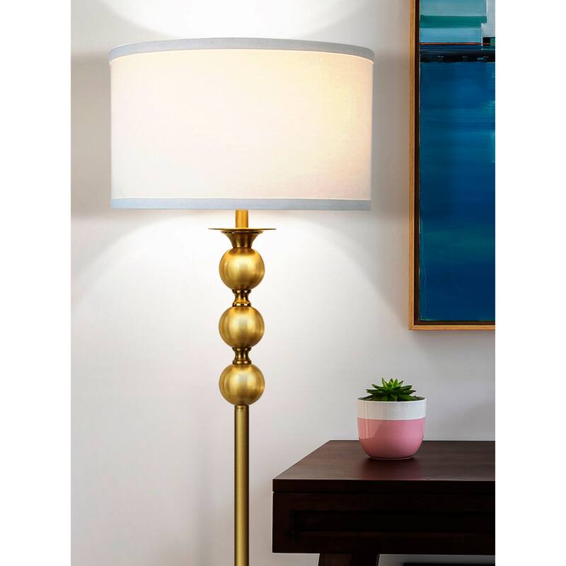 Brightech Riley 60 in. Antique Brass Mid-Century Modern LED Super Bright Floor Lamp with White Fabric Drum Shade