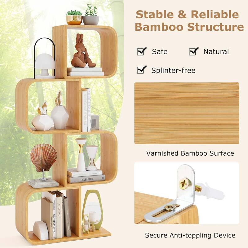 1/2 PCS Bamboo Geometric Bookshelf 4-Tier S-Shaped Bookcase