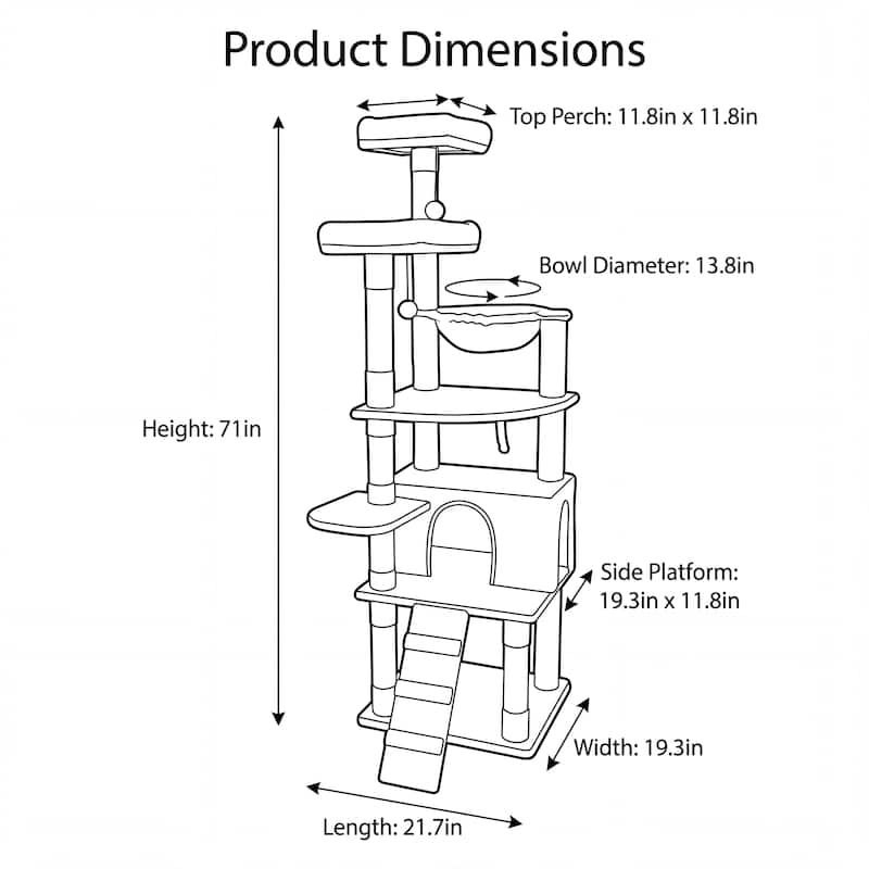71 in Tall Cat Tree with Hammocks, 2 Top platform, Cat Cave, Scratching Posts, Plush Cat Tower for Indoor Cats - Gray