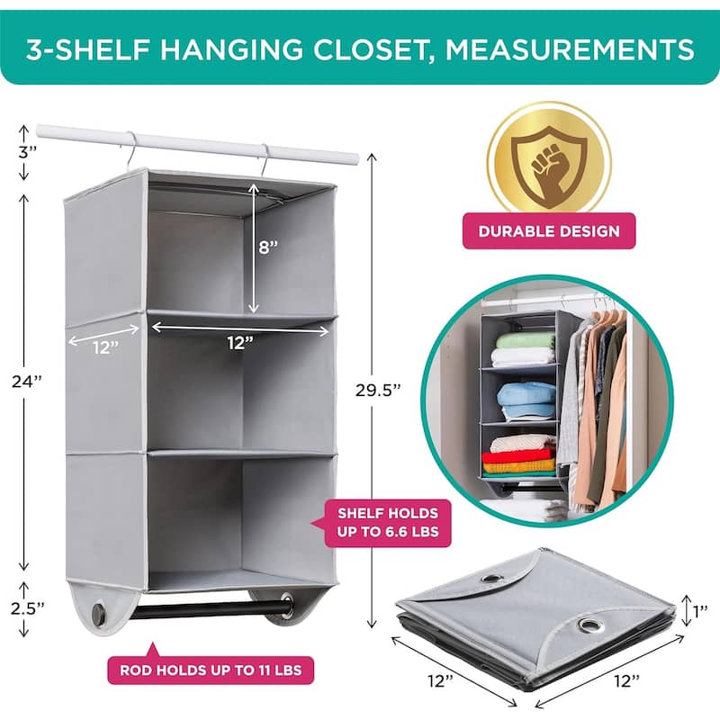Hanging Closet Organizers with 3 Shelves - Closet Storage and RV Closet Organizer - Grey / Black