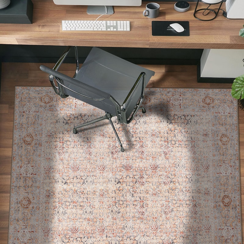 Terracotta Floral Washable Rug - Allover Pattern, Flat Pile - 4' x 6'