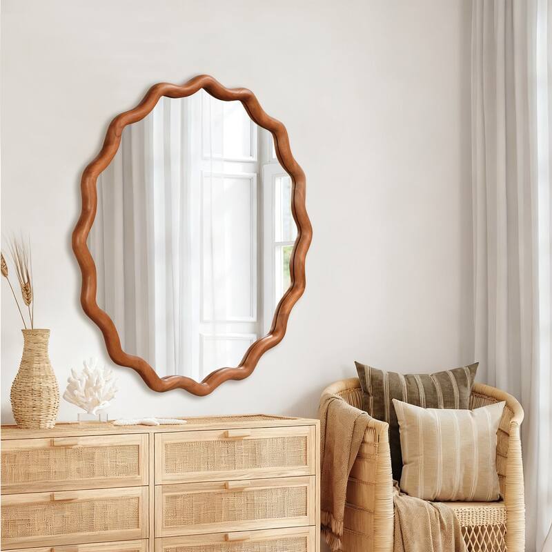 GDFStudio - Linea Luxury Modern Wavy Round Wall Decorative Mirror with Solid Wood Frame & Organic Flow Design