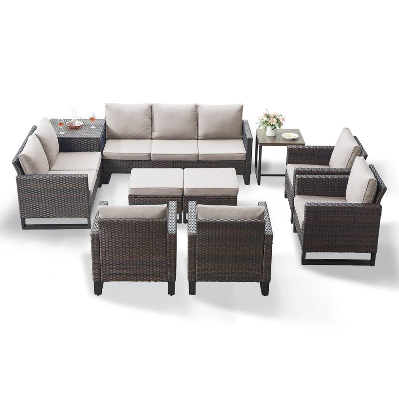 Gymojoy 9-11 Person All-Weather Wicker Outdoor Conversation Set Seating Group With lounge Chairs And Ottomans