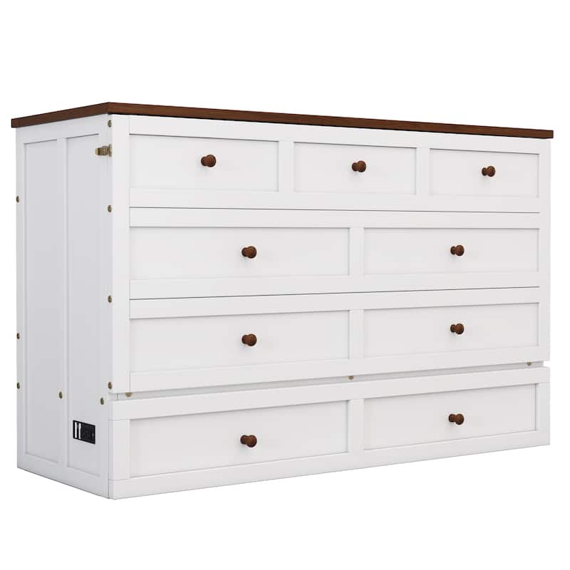 Solid Pine Murphy Bed Cabinet Bed Space-Saving Foldable Bed with Walnut Desktop and a Big Storage Large Drawer, Charging Station