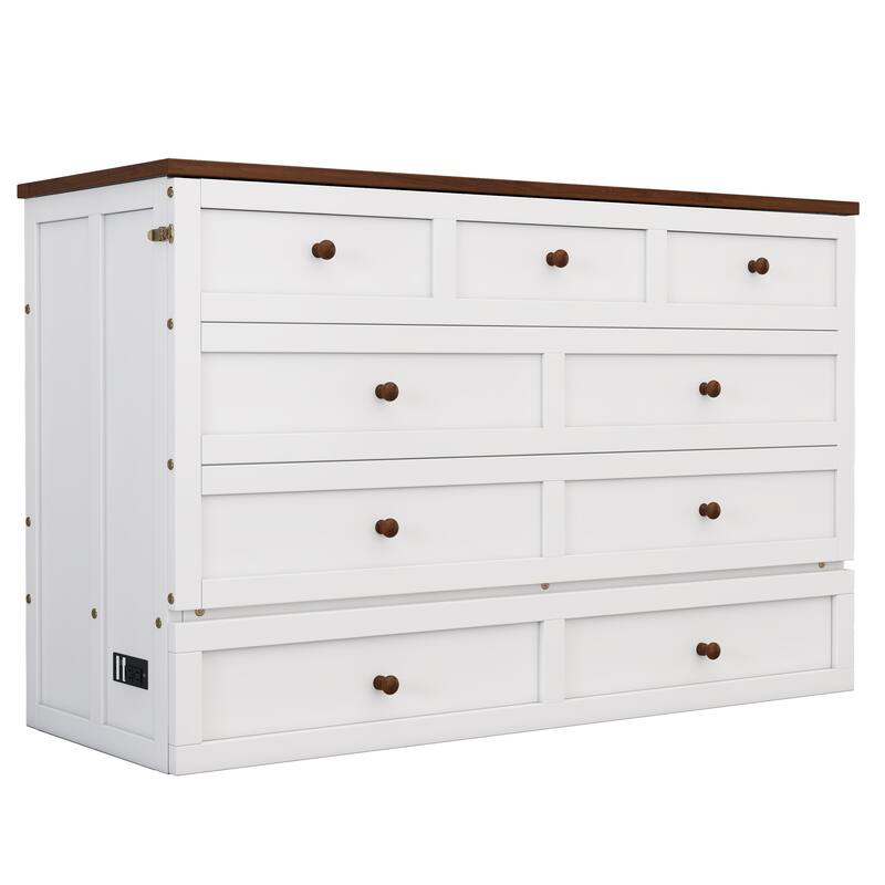 Solid Pine Murphy Bed Chest with Charging Station and Large Storage Drawer for Home Office or Small Room , Full, White+Walnut