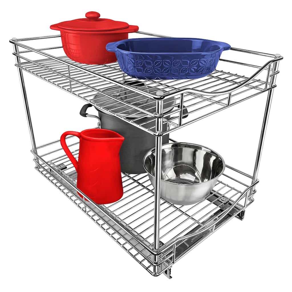 LYNK PROFESSIONAL® Pull Out Cabinet Organizer (2 Tier) Slide Out Drawers for Kitchen Cabinets - 14"D x 18"W - Chrome