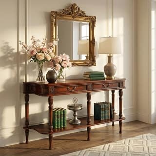 Merrion 60 in. W Rectangular Wood 2 Drawer Traditional Console Table with Lower Open Shelf