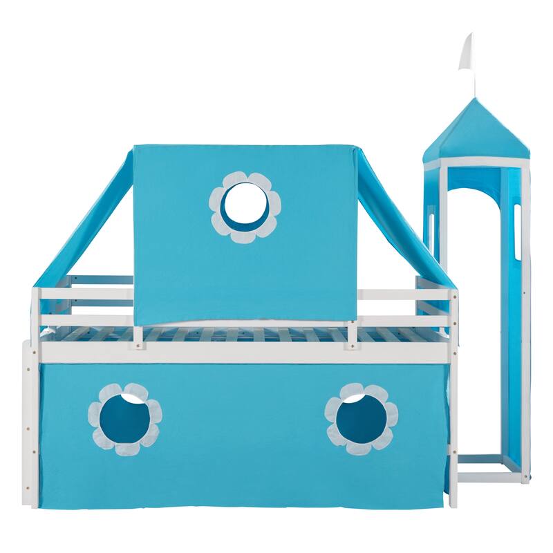 Twin Size Cute Solid Wood House Loft Bed with Slide, Tent, and Tower for Bedroom