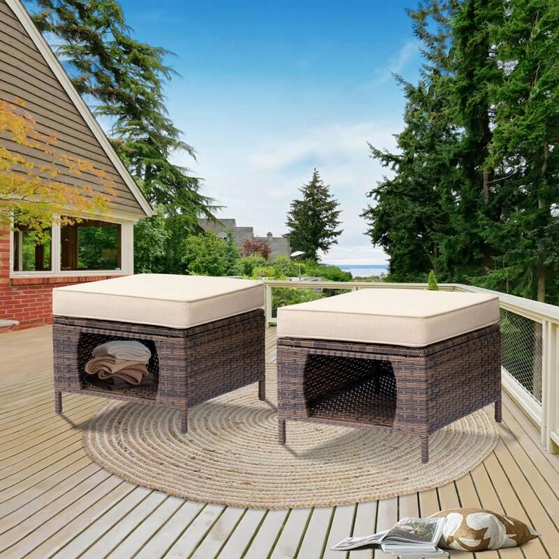 Outdoor Patio Cushioned Rattan Wicker Storage Ottomans (Set of 2)