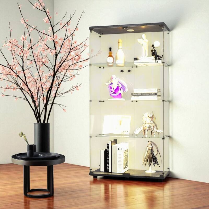 Lighted Two-Door Glass Display Cabinet with 4 Shelves, Tempered Glass and Security Lock