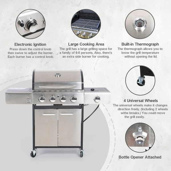4-Burner Propane Gas Grill with Side Burner \u0026 Porcelain Cast Iron Grates,  42,000 BTU Stainless Steel - On Sale - Bed Bath \u0026 Beyond - 35348330