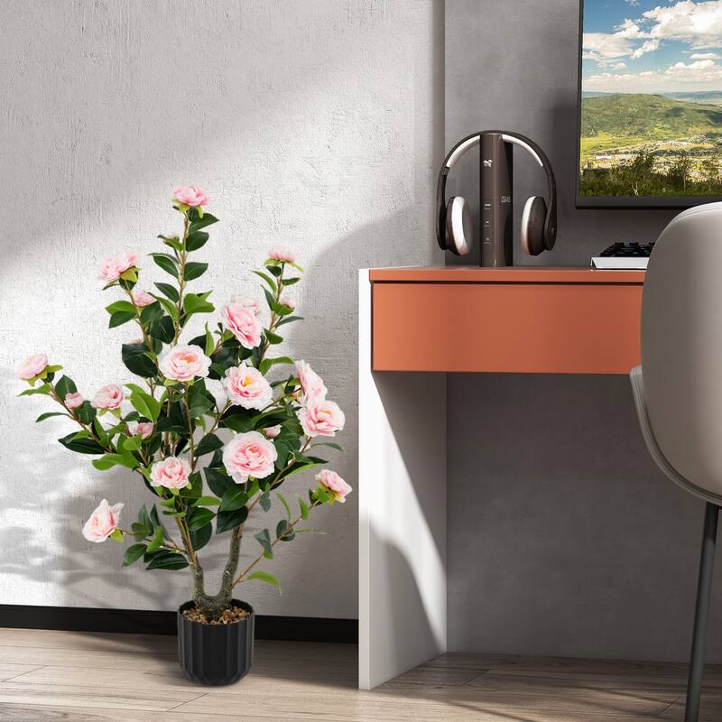 Gymax 2PCS 38'' Artificial Camellia Tree Faux Floral Plant Fake Tree