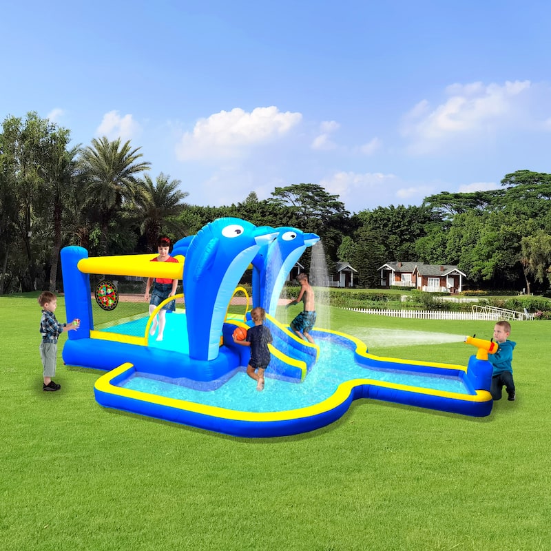 8 in1 Inflatable slide water park trampoline bouncing house outdoor garden with sprinkler & Target games & Water gun &