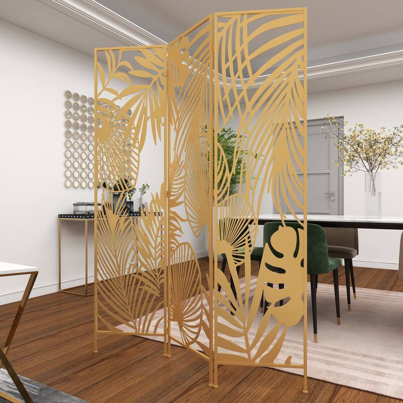 Gold Metal Foldable Partition Cutout Palm Leaf 3 Panel Leaf Partition Room Divider Screen