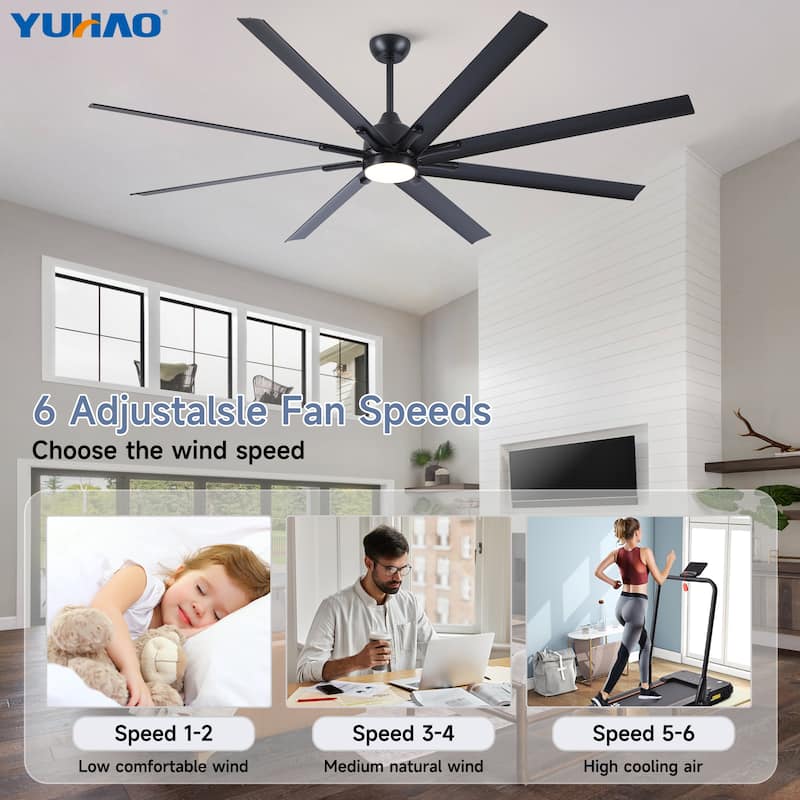 YUHAO 84 In. Indoor/Outdoor Modern Industrial Large Windmill Aluminum Blade Ceiling Fans With Lights, Quiet DC Motor and Remote