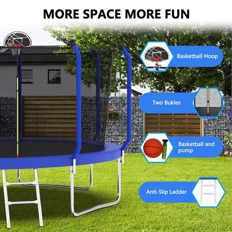 12FT Trampoline with Basketball Hoop, ASTM Approved Reinforced Type Outdoor Trampoline with Enclosure Net