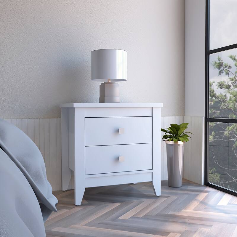 White Two-Shelf Nightstand with Drawers and Wooden Legs - White