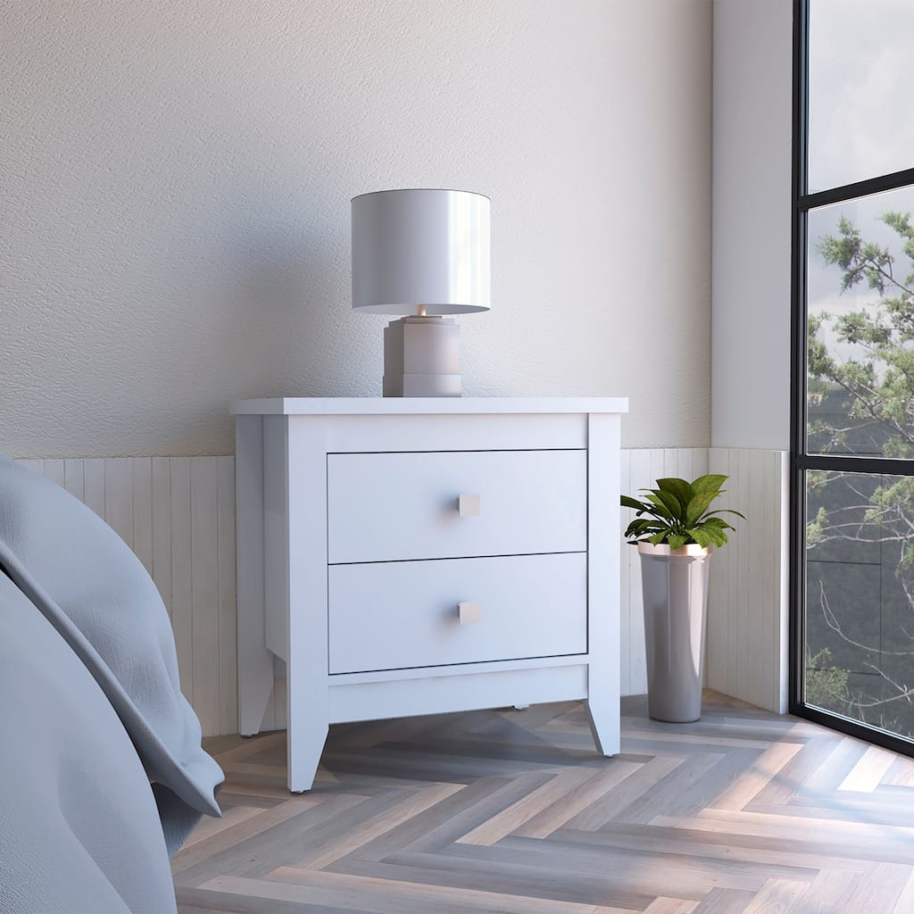 White Two-Shelf Nightstand with Drawers and Wooden Legs