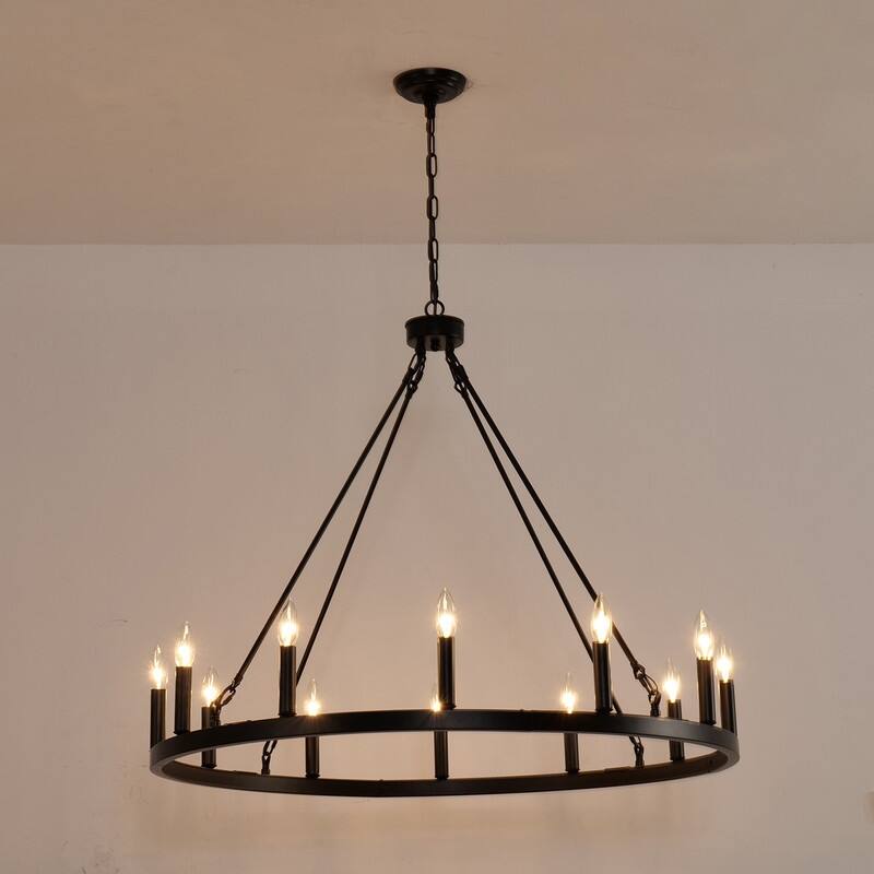 12-Light Wagon Wheel Chandelier 38" Black Farmhouse Round Chandeliers - 38inch