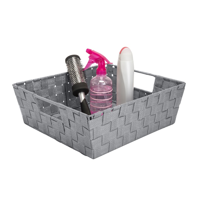 Simplify Large Lurex Striped Woven Storage Shelf Bin in Grey/Silver - 13" x 15" x 5"
