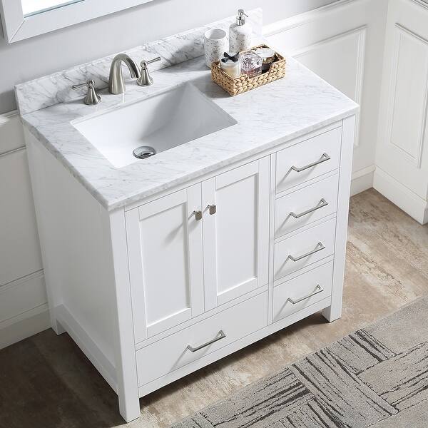 slide 2 of 15, BATHLET 36 inch Carrara Marble Top White Bathroom Vanity Set