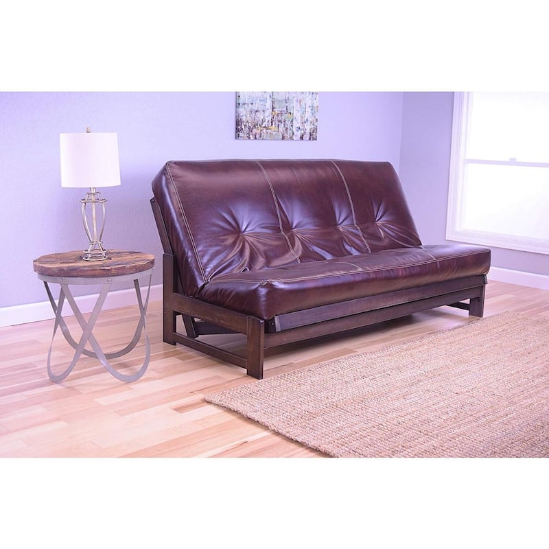 Full Size Futon Sofa Bed with Hardwood Frame in Mocha Finish and Plush Java Mattress for Living Room or Guest Room
