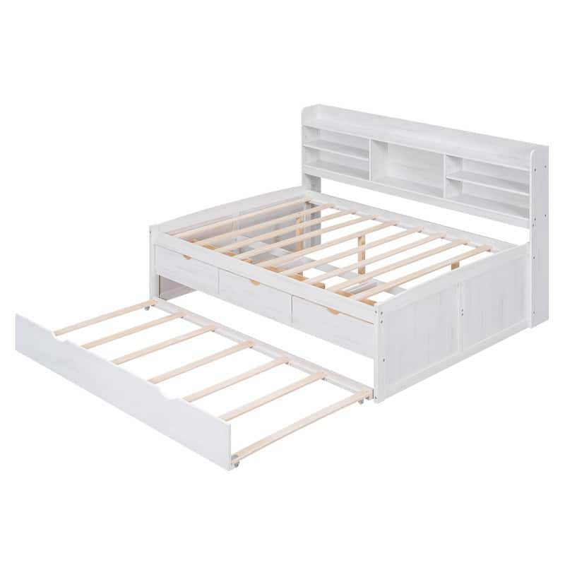 Wooden Captain Platform Bed with Trundle,3 Drawers and Built-in Bookshelves