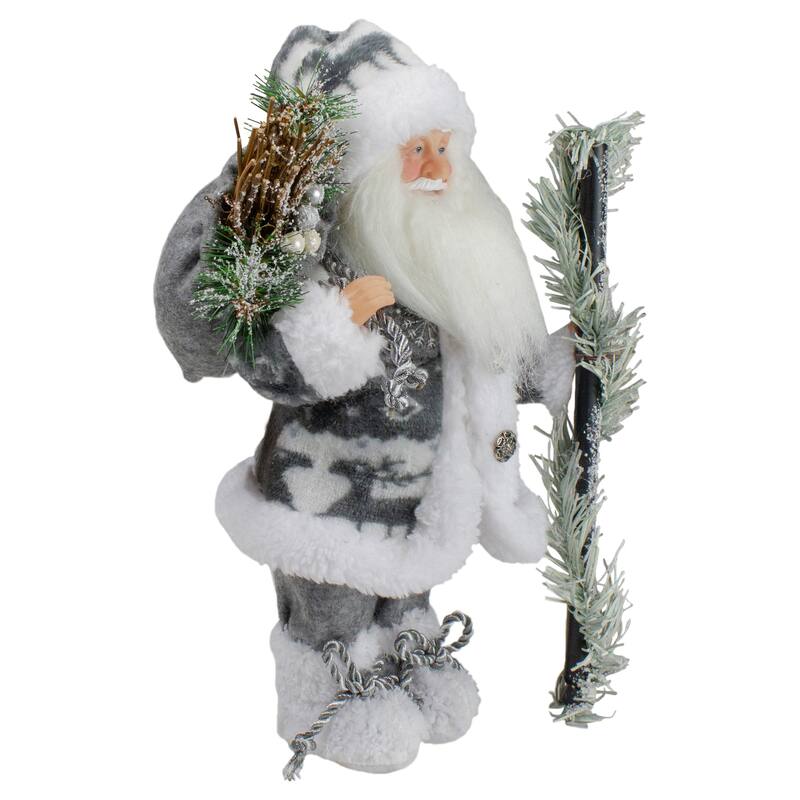 12" Country Patchwork Gray and White Santa Claus Christmas Figure