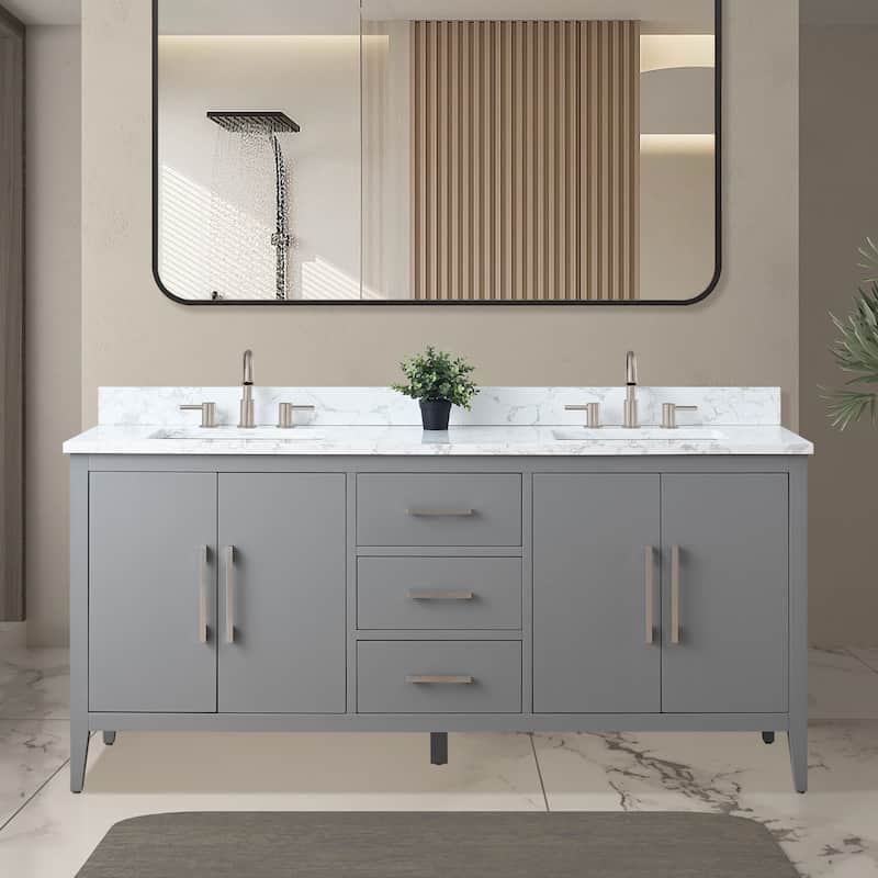 Vanity Art 72" Double Sink Bathroom Vanity Cabinet with Engineered Marble Top - 72"/Brushed Nickel Handle - Cashmere Gray