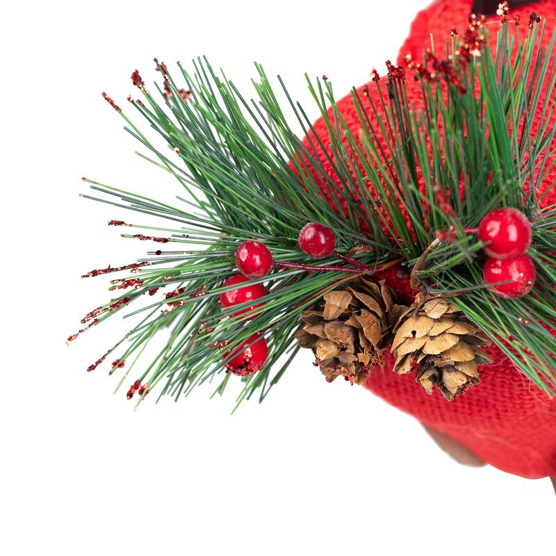 6.5" Red Burlap Cardinal with Pine Needles Berries Christmas Ornament