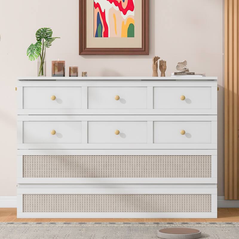 Full Size Murphy Bed Hidden Cabinet Bed with Drawer Underneath and Rattan Patterned, Clever Space Utilization Classic White